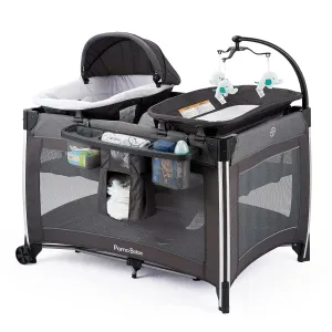 Pamo Babe 4 in 1 Portable Baby Crib Deluxe Nursery Center, Foldable Travel Playard with Bassinet, Mattress, Changing Table for Newborn, Infant, Toddler(Grey)