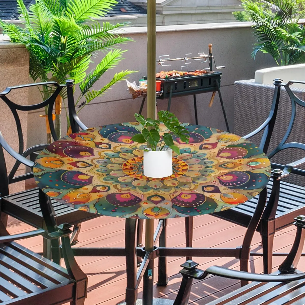 Pardick Round Outdoor Tablecloth with Umbrella Hole Mandal Bohemia Round Fitted Table Cloth Waterproof Umbrella Tablecloth with Zipper Elastic Outdoor Patio Table Cover, Fits 45"-56" Tables