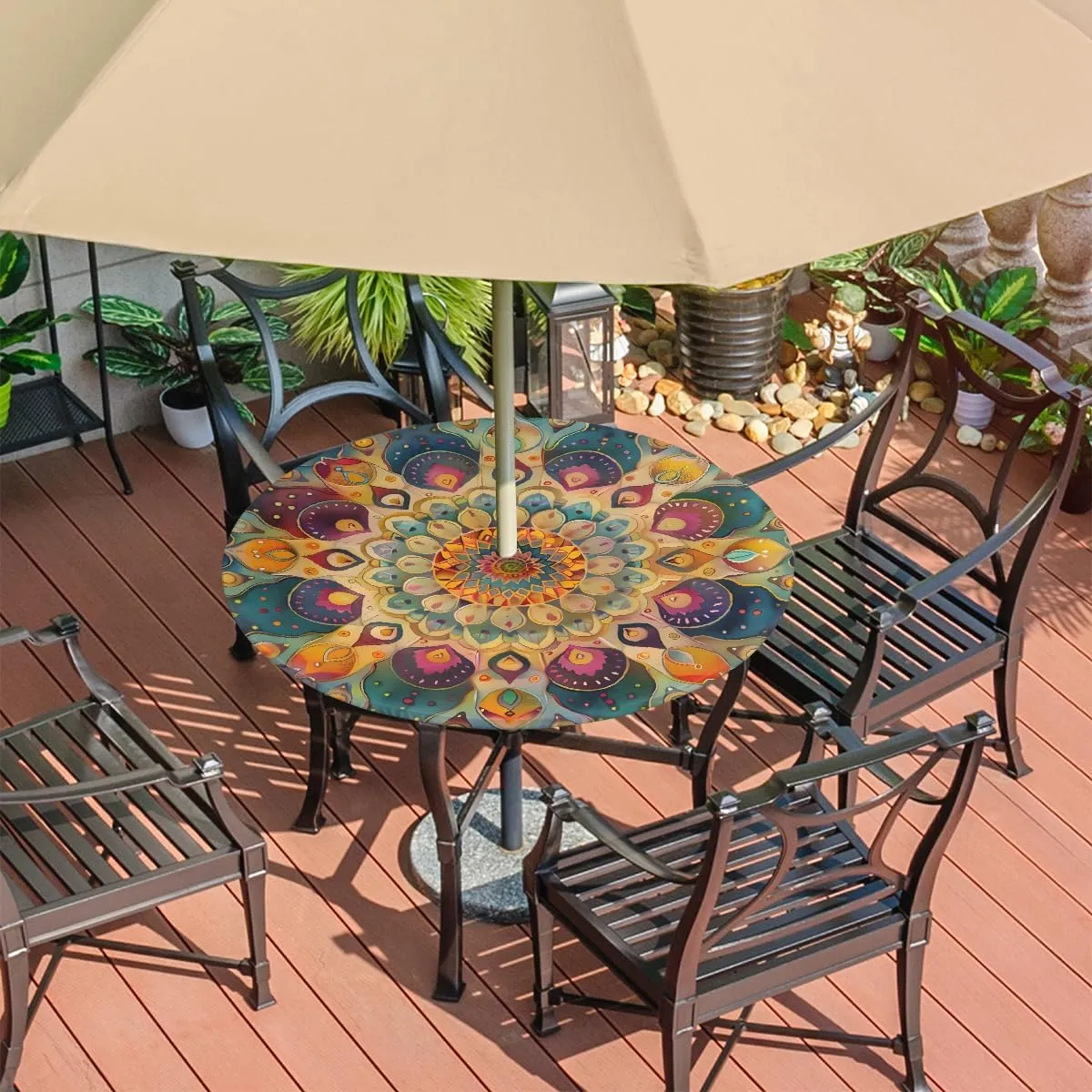 Pardick Round Outdoor Tablecloth with Umbrella Hole Mandal Bohemia Round Fitted Table Cloth Waterproof Umbrella Tablecloth with Zipper Elastic Outdoor Patio Table Cover, Fits 45"-56" Tables