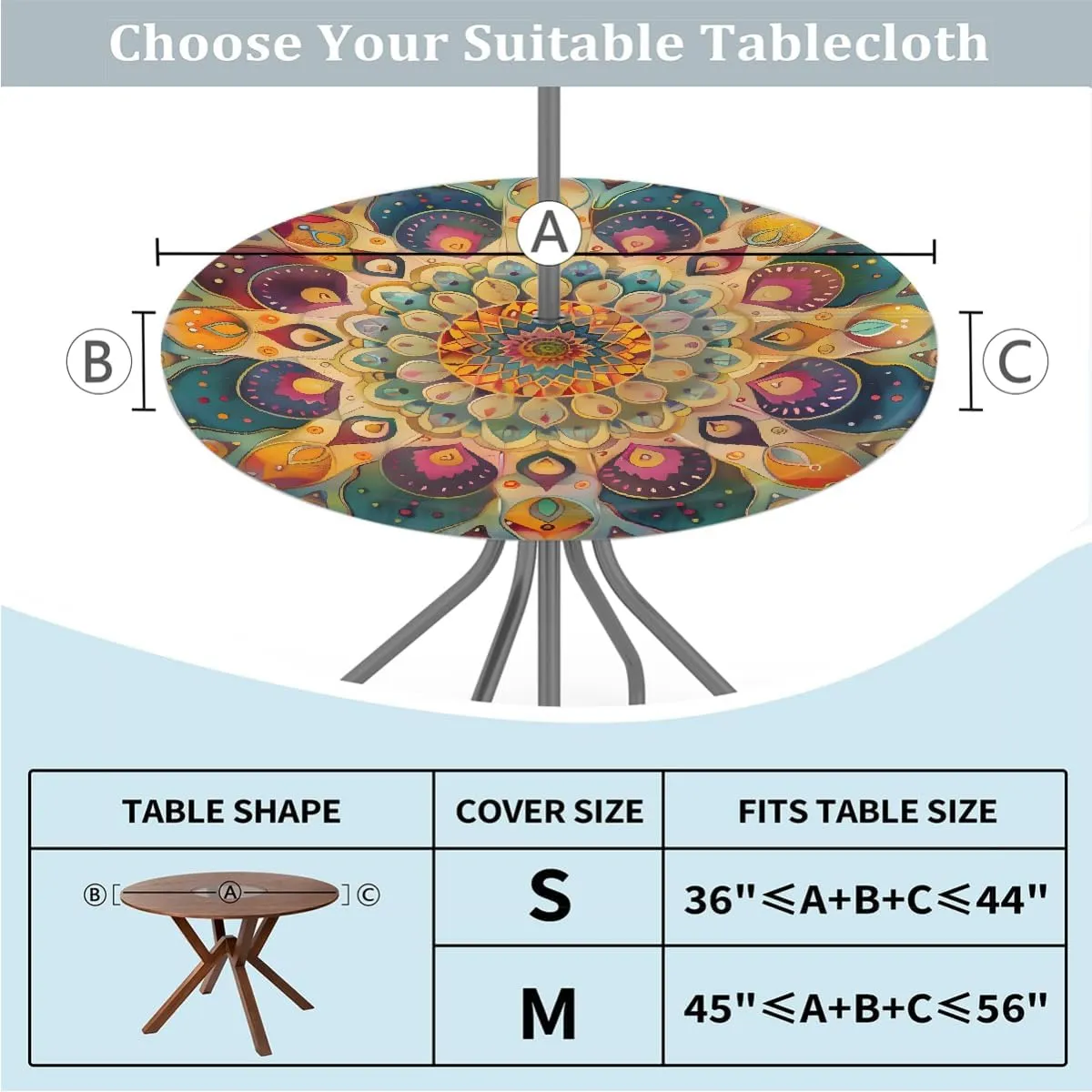 Pardick Round Outdoor Tablecloth with Umbrella Hole Mandal Bohemia Round Fitted Table Cloth Waterproof Umbrella Tablecloth with Zipper Elastic Outdoor Patio Table Cover, Fits 45"-56" Tables