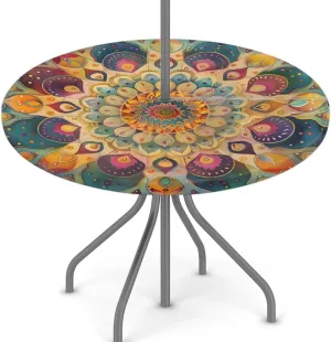 Pardick Round Outdoor Tablecloth with Umbrella Hole Mandal Bohemia Round Fitted Table Cloth Waterproof Umbrella Tablecloth with Zipper Elastic Outdoor Patio Table Cover, Fits 45"-56" Tables