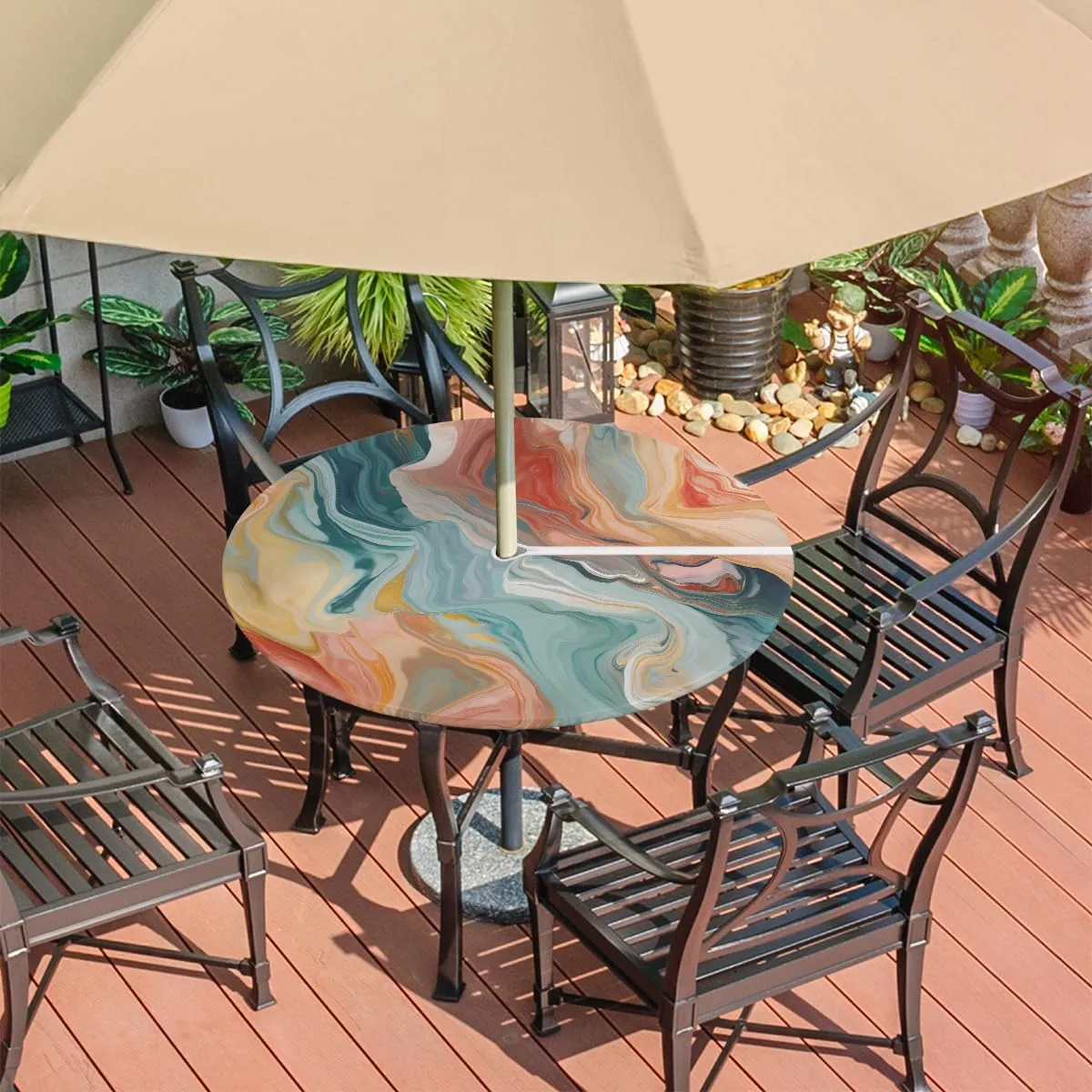 Pardick Round Outdoor Tablecloth with Umbrella Hole Marble Round Fitted Tablecloth Waterproof Umbrella Tablecloth with Zipper Round Patio Table Cover Elastic Outdoor Table Cover, Fits 45"-56" Table