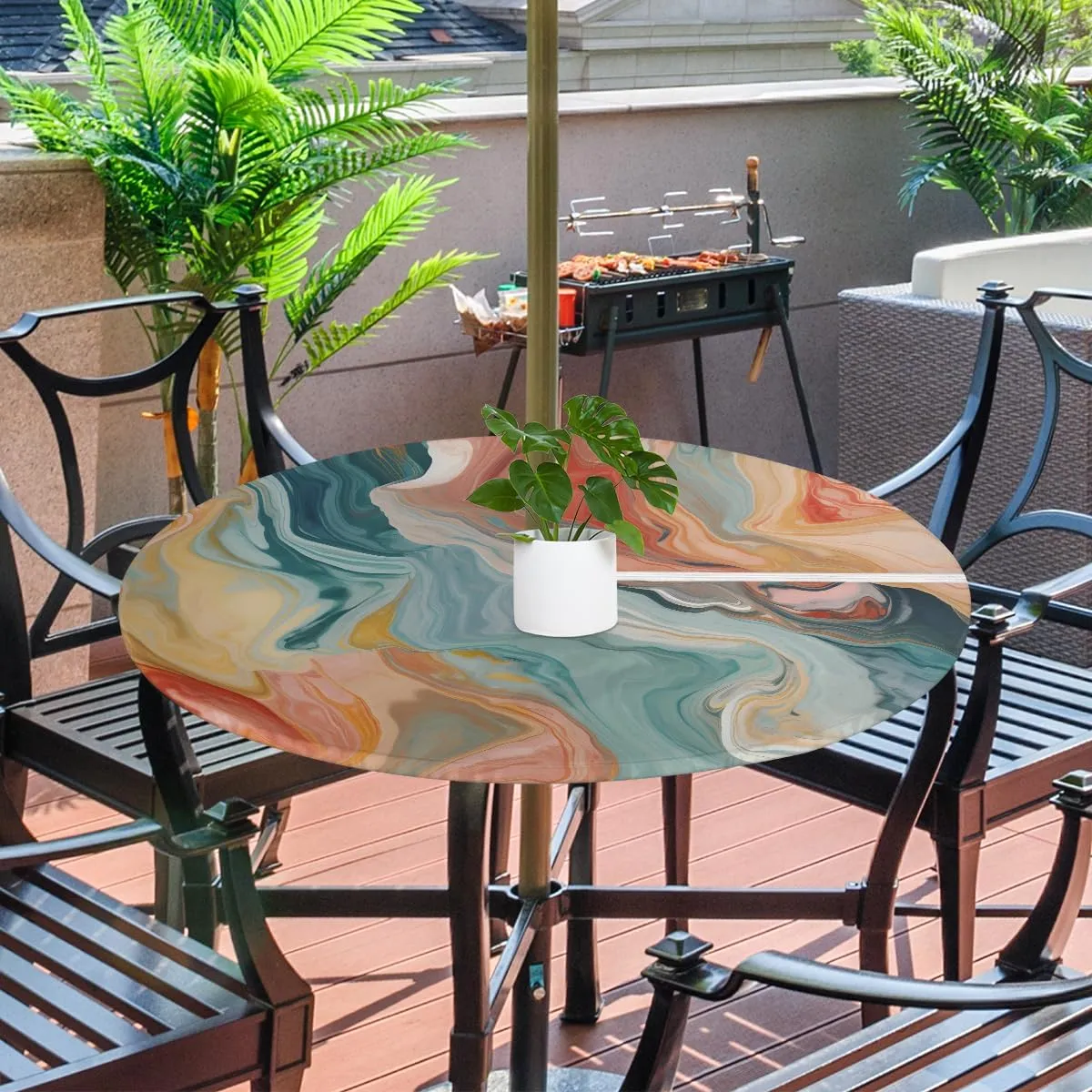 Pardick Round Outdoor Tablecloth with Umbrella Hole Marble Round Fitted Tablecloth Waterproof Umbrella Tablecloth with Zipper Round Patio Table Cover Elastic Outdoor Table Cover, Fits 45"-56" Table