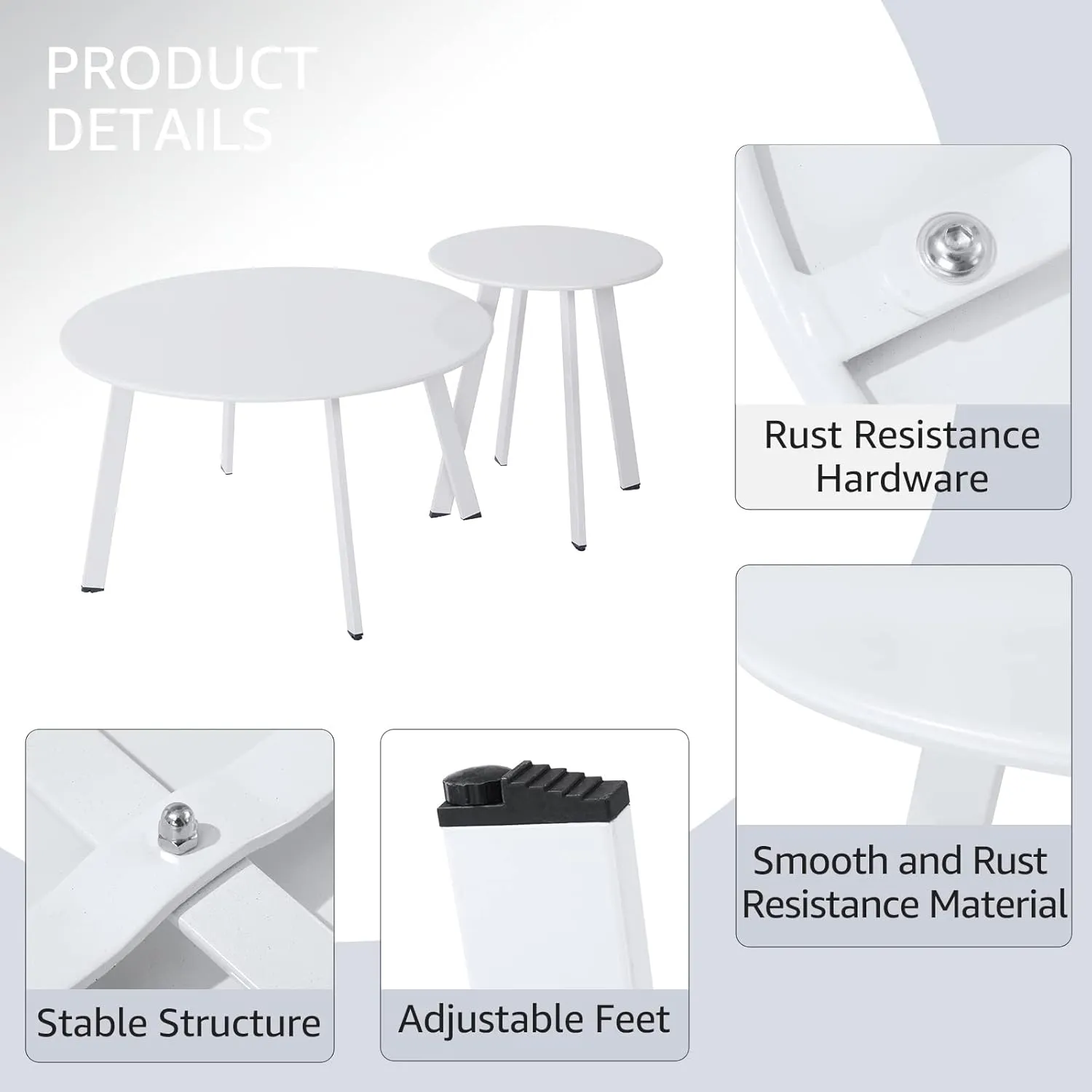 Patio Coffee Table Set of 2, Weather Resistant Outdoor Round End Table, Nesting Tables for Living Room Balcony Office, White