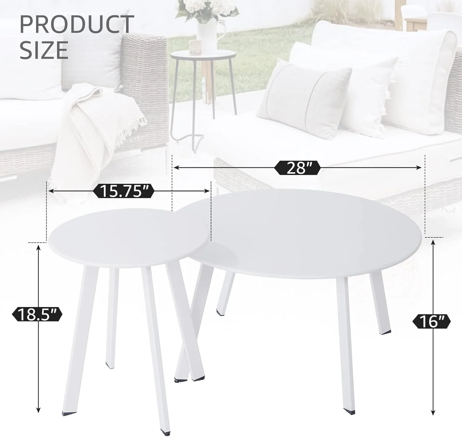 Patio Coffee Table Set of 2, Weather Resistant Outdoor Round End Table, Nesting Tables for Living Room Balcony Office, White