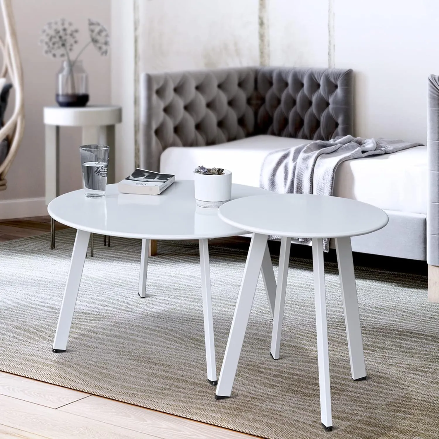 Patio Coffee Table Set of 2, Weather Resistant Outdoor Round End Table, Nesting Tables for Living Room Balcony Office, White
