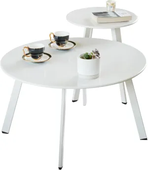 Patio Coffee Table Set of 2, Weather Resistant Outdoor Round End Table, Nesting Tables for Living Room Balcony Office, White