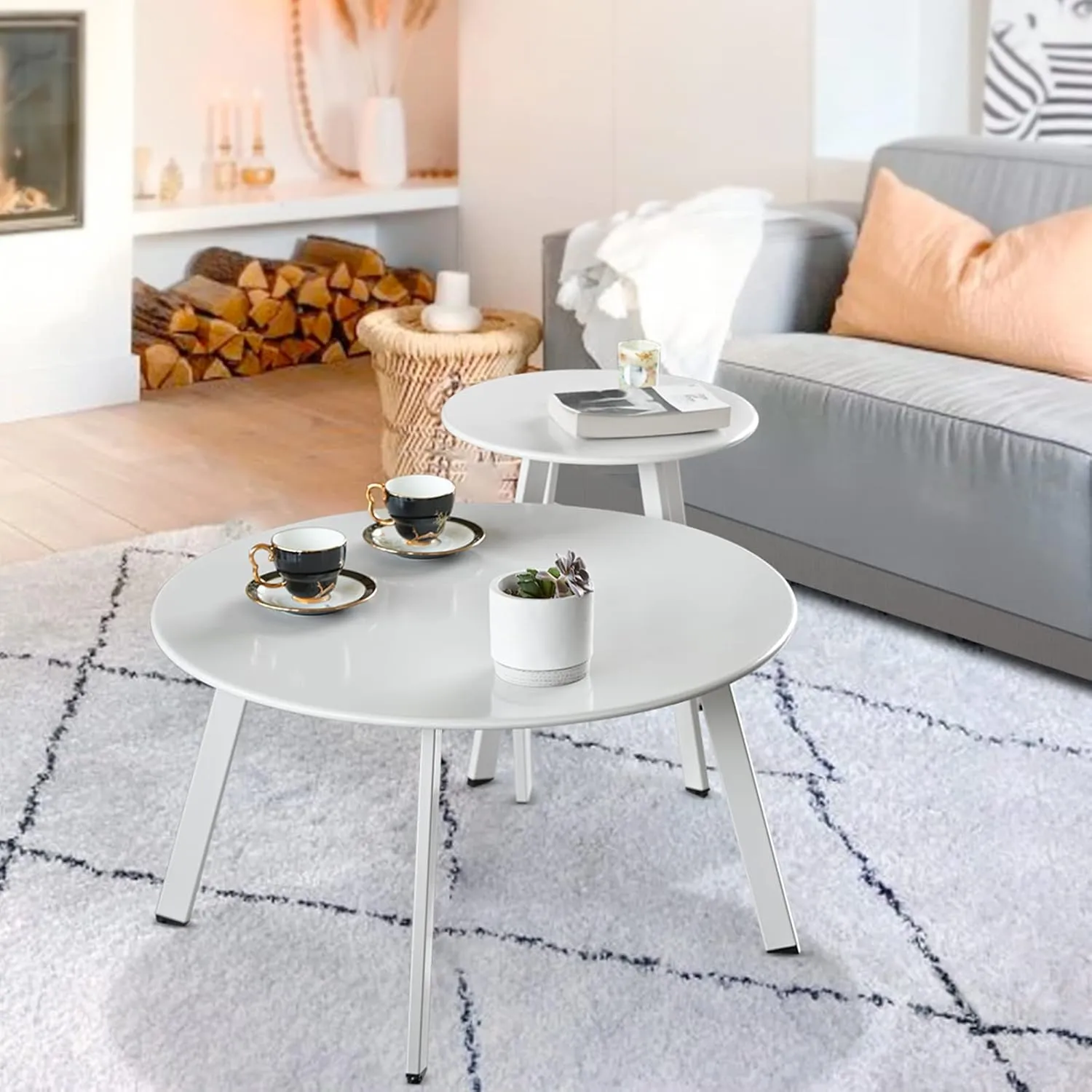 Patio Coffee Table Set of 2, Weather Resistant Outdoor Round End Table, Nesting Tables for Living Room Balcony Office, White