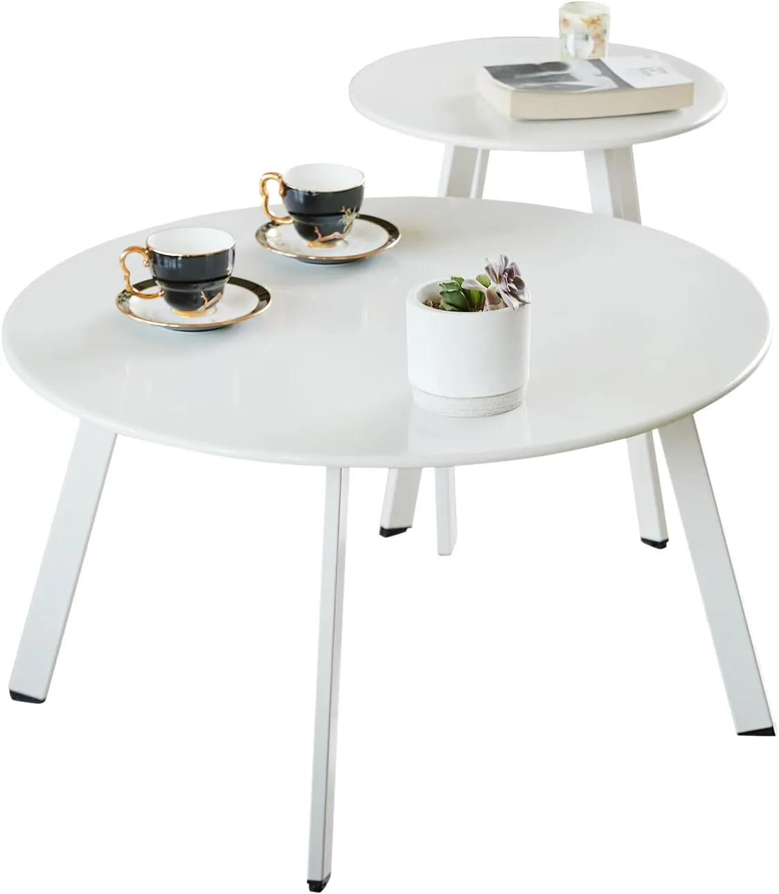 Patio Coffee Table Set of 2, Weather Resistant Outdoor Round End Table, Nesting Tables for Living Room Balcony Office, White