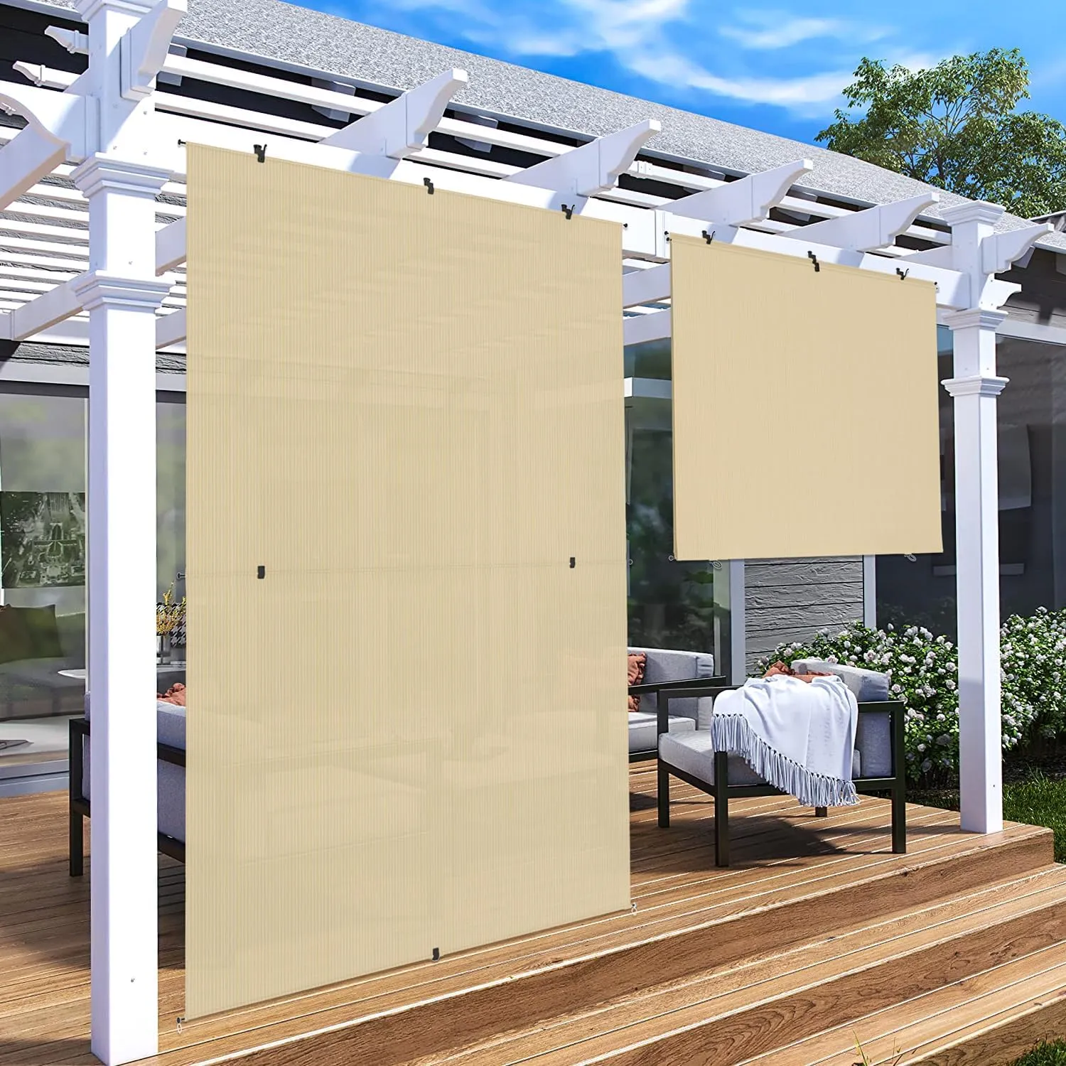 Patio Shades Roll Up Outdoor 8'Wx6'H Foldable Roller Shade Patio Blinds Exterior Block Sun Screen for Outside Porch Deck Balcony Pergola Carport, Beige