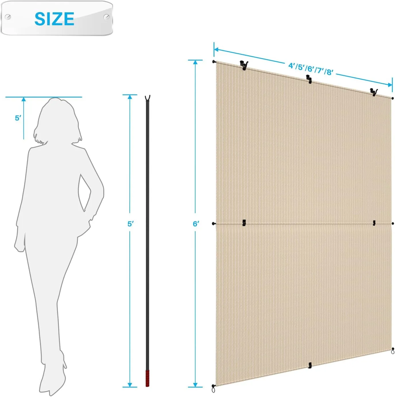 Patio Shades Roll Up Outdoor 8'Wx6'H Foldable Roller Shade Patio Blinds Exterior Block Sun Screen for Outside Porch Deck Balcony Pergola Carport, Beige