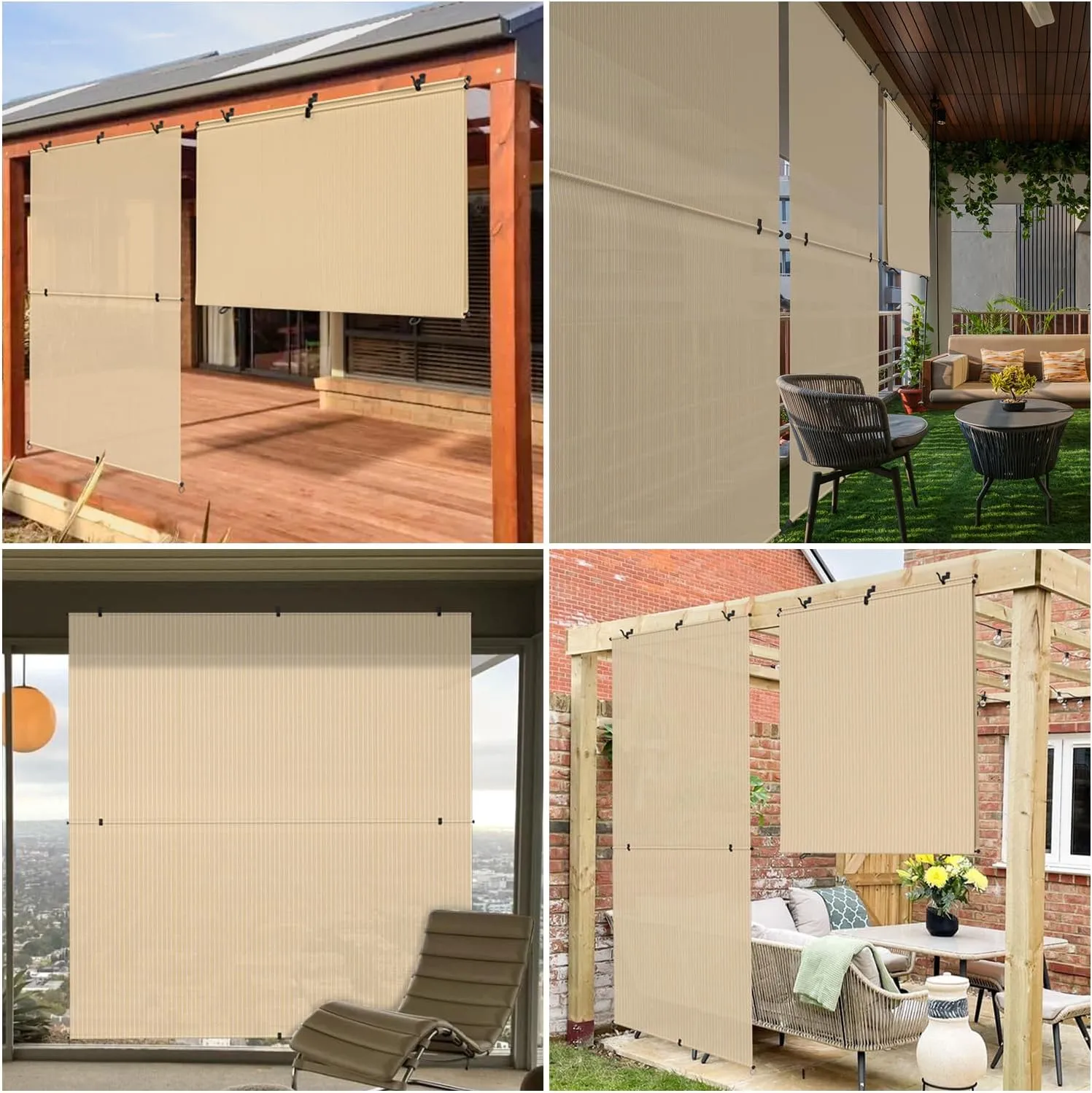 Patio Shades Roll Up Outdoor 8'Wx6'H Foldable Roller Shade Patio Blinds Exterior Block Sun Screen for Outside Porch Deck Balcony Pergola Carport, Beige