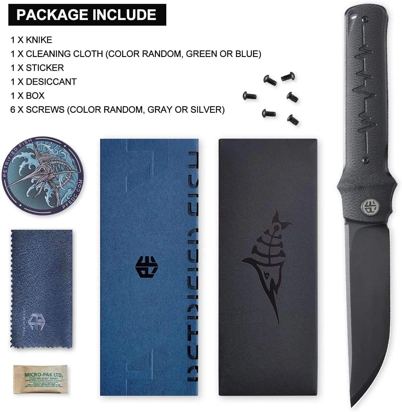 Petrified fish PFB04 Tena Folding Knife, 3.82" D2 Steel Black Stonewashed Blade G10 Handle Pocket Folding knife for EDC Camping Outdoor (Black Black Stonewashed)