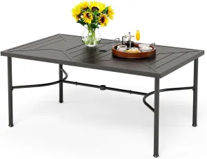 PHI VILLA 64" Large Metal Patio Dining Table Steel Rectangular Outdoor Table, Weather-Resistant Table with 1.77" Umbrella Hole for Lawn Backyard Garden, Black