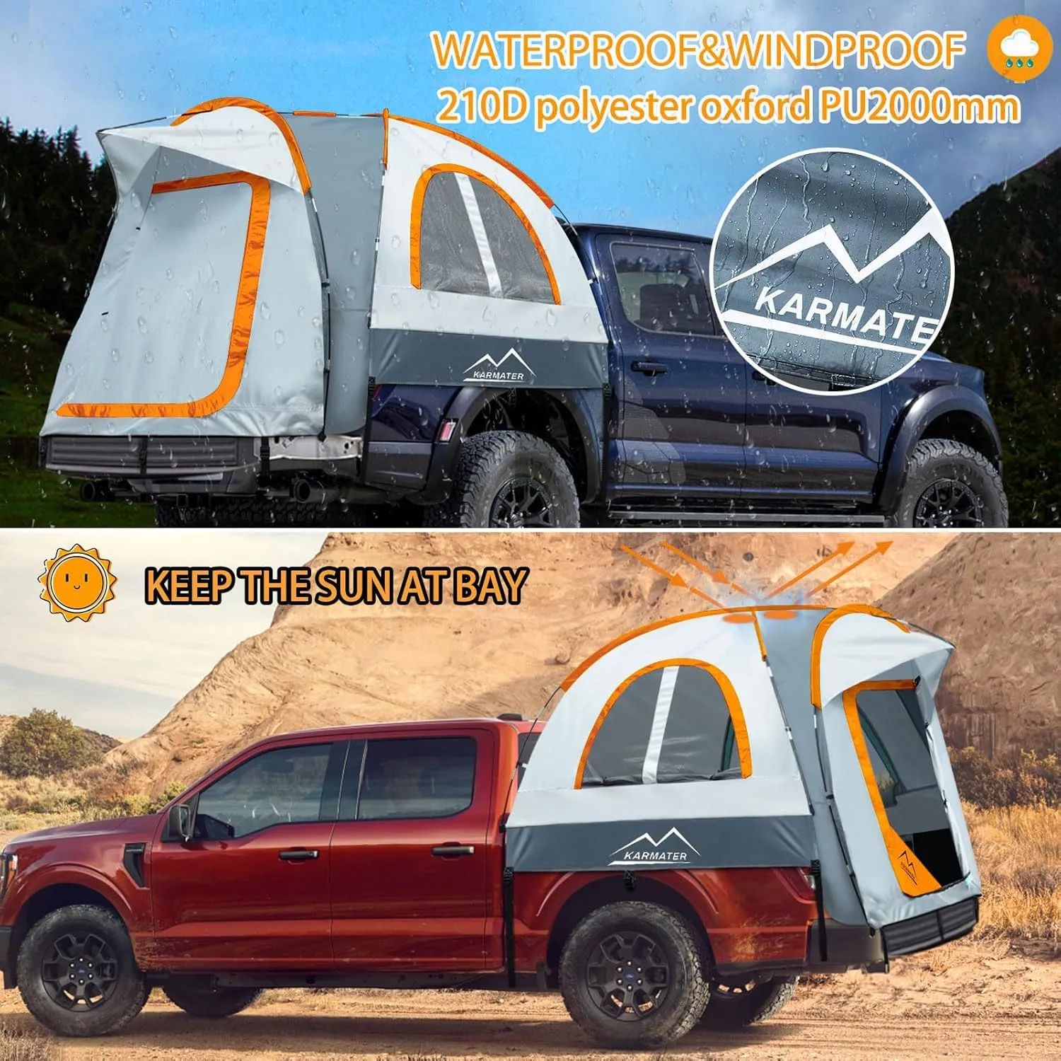 Pickup Truck Tent, Waterproof PU2000mm for Camping 5.5-6.5 Ft Bed, 2-Person Sleeping With Double Layer Design Windows, Expandable Triangle Sunshade Awning