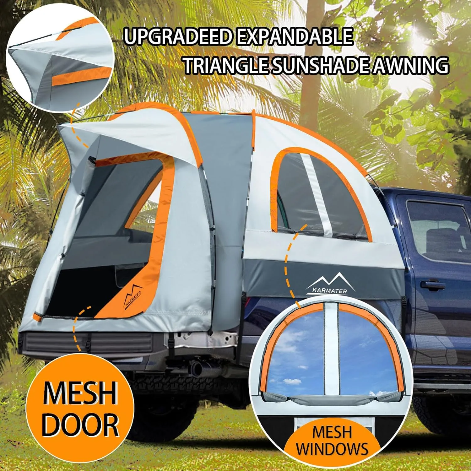 Pickup Truck Tent, Waterproof PU2000mm for Camping 5.5-6.5 Ft Bed, 2-Person Sleeping With Double Layer Design Windows, Expandable Triangle Sunshade Awning