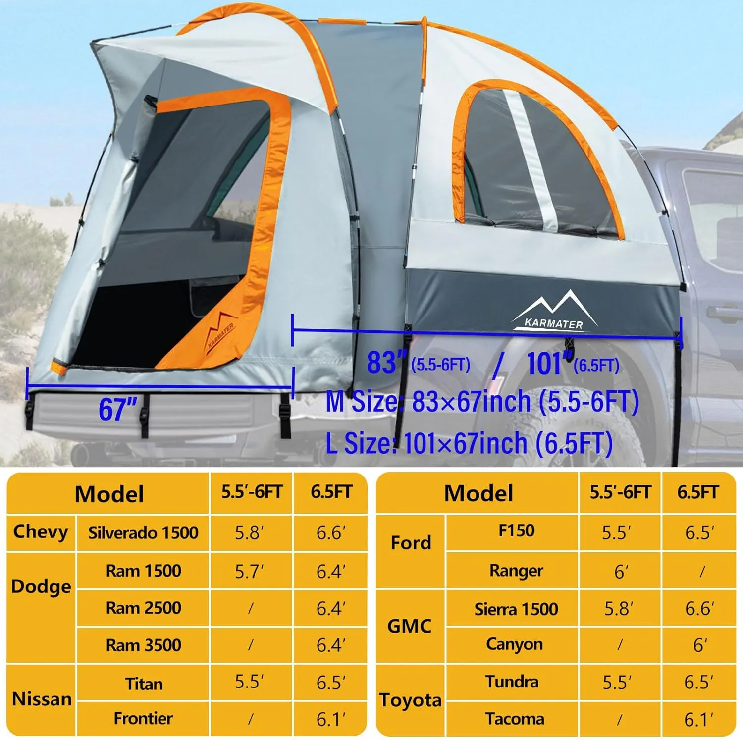 Pickup Truck Tent, Waterproof PU2000mm for Camping 5.5-6.5 Ft Bed, 2-Person Sleeping With Double Layer Design Windows, Expandable Triangle Sunshade Awning
