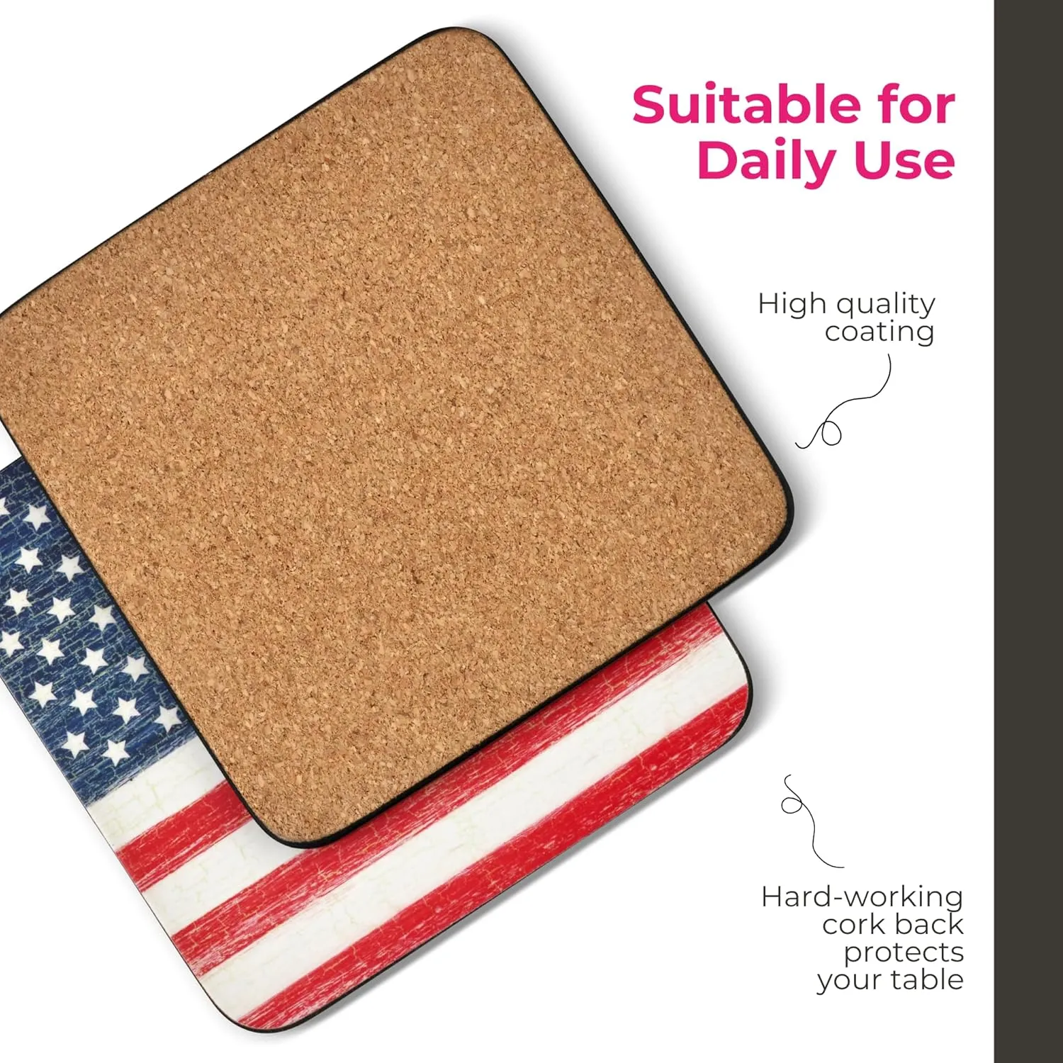 Pimpernel American Flag Coasters - Set of 6 (4” x 4”) Cork Backing, Bold Flag Design, Easy to Clean, Ideal for Dining, Parties, Patriotic Celebrations - Heat & Stain Resistant