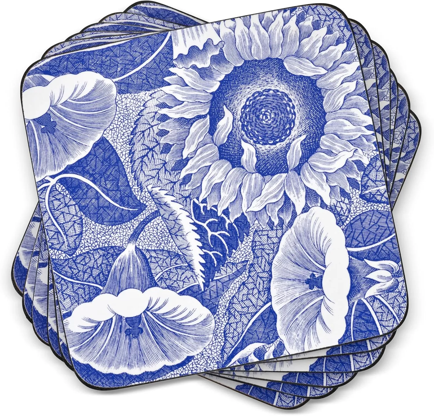 Pimpernel Blue Room Sunflower Coasters - Set of 6 Square Cork Backed Drink Coasters with Botanical Motif - Heat & Stain Resistant Surface Protectors for Blue Table Decor or Floral Inspired Settings