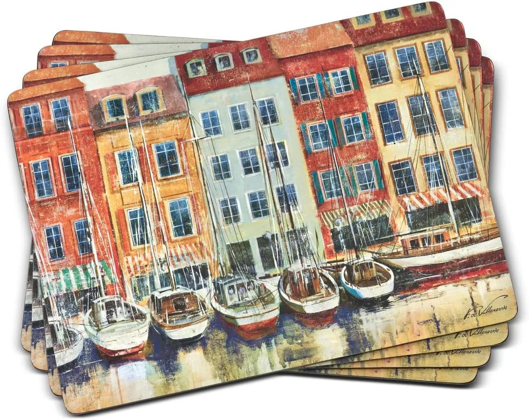Pimpernel Boat Scene Placemats - Set of 4 Cork-Backed Dining Table Mats Featuring Serene Waterside Artwork with Protective Finish for Serving, Entertaining, & Everyday Meals