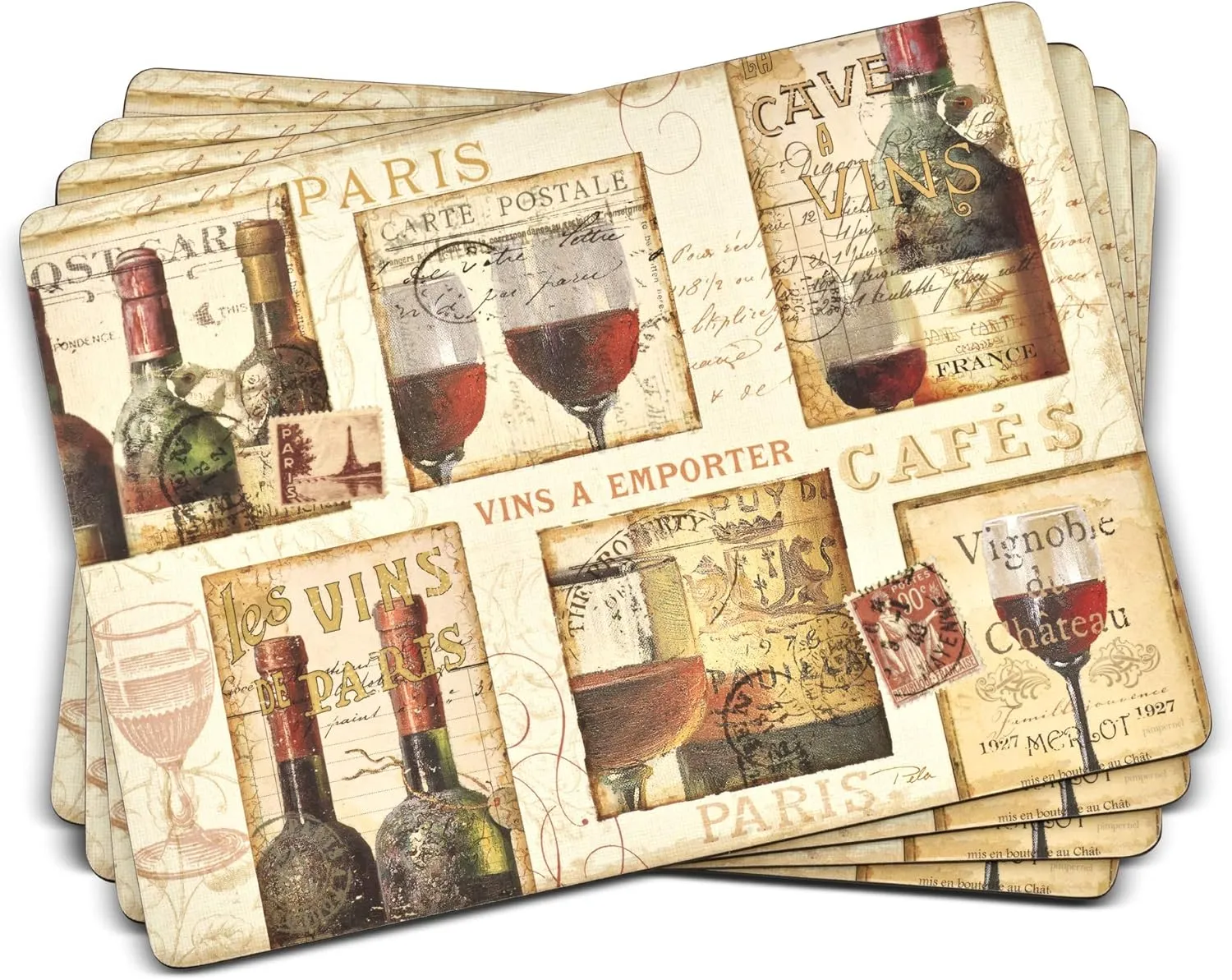 Pimpernel French Cellar Collection Placemats | Set of 4 | Heat Resistant Mats | Cork-Backed Board | Hard Placemat Set for Dining Table | Measures 15.7” x 11.7”