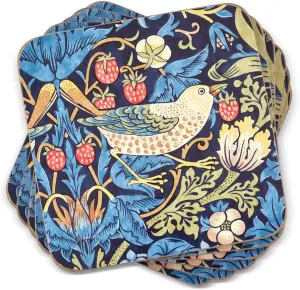 Pimpernel Morris & Co Strawberry Thief Blue Coasters, Set of 6 - Heat & Stain Resistant, Cork Back Drink Mats Featuring Classic Birds & Botanical Design - Minimal Tableware for Hosting