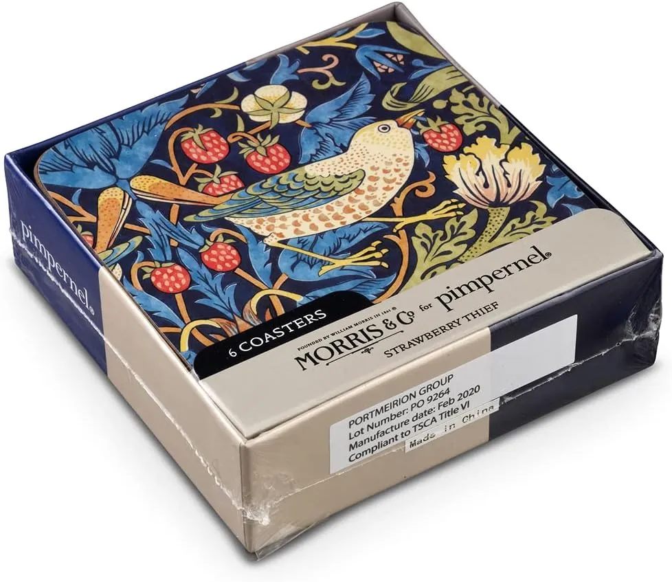 Pimpernel Morris & Co Strawberry Thief Blue Coasters, Set of 6 - Heat & Stain Resistant, Cork Back Drink Mats Featuring Classic Birds & Botanical Design - Minimal Tableware for Hosting