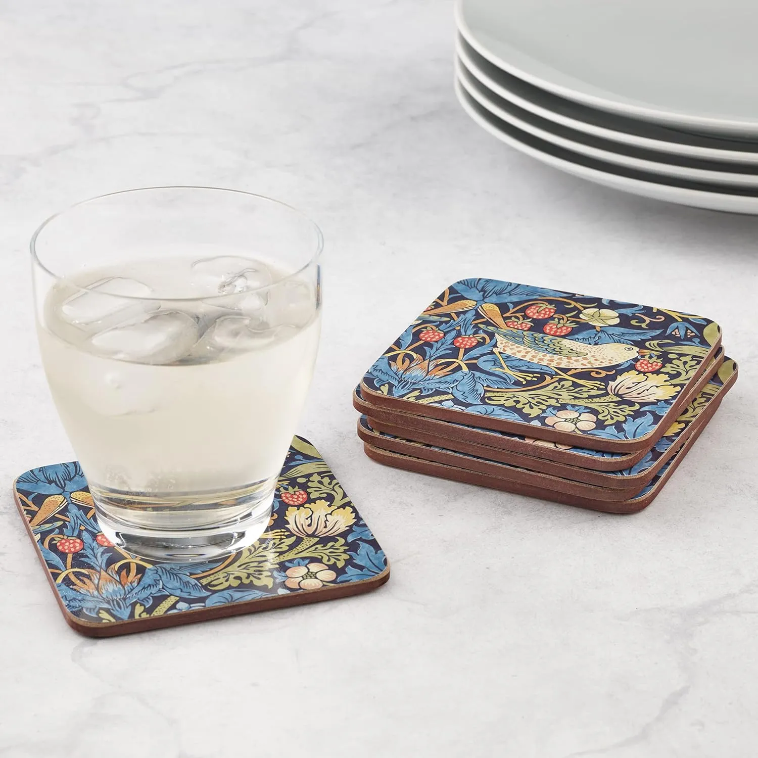 Pimpernel Morris & Co Strawberry Thief Blue Coasters, Set of 6 - Heat & Stain Resistant, Cork Back Drink Mats Featuring Classic Birds & Botanical Design - Minimal Tableware for Hosting