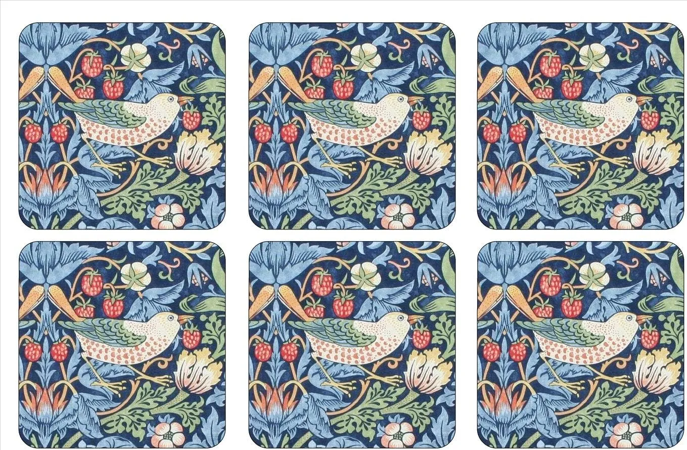 Pimpernel Morris & Co Strawberry Thief Blue Coasters, Set of 6 - Heat & Stain Resistant, Cork Back Drink Mats Featuring Classic Birds & Botanical Design - Minimal Tableware for Hosting