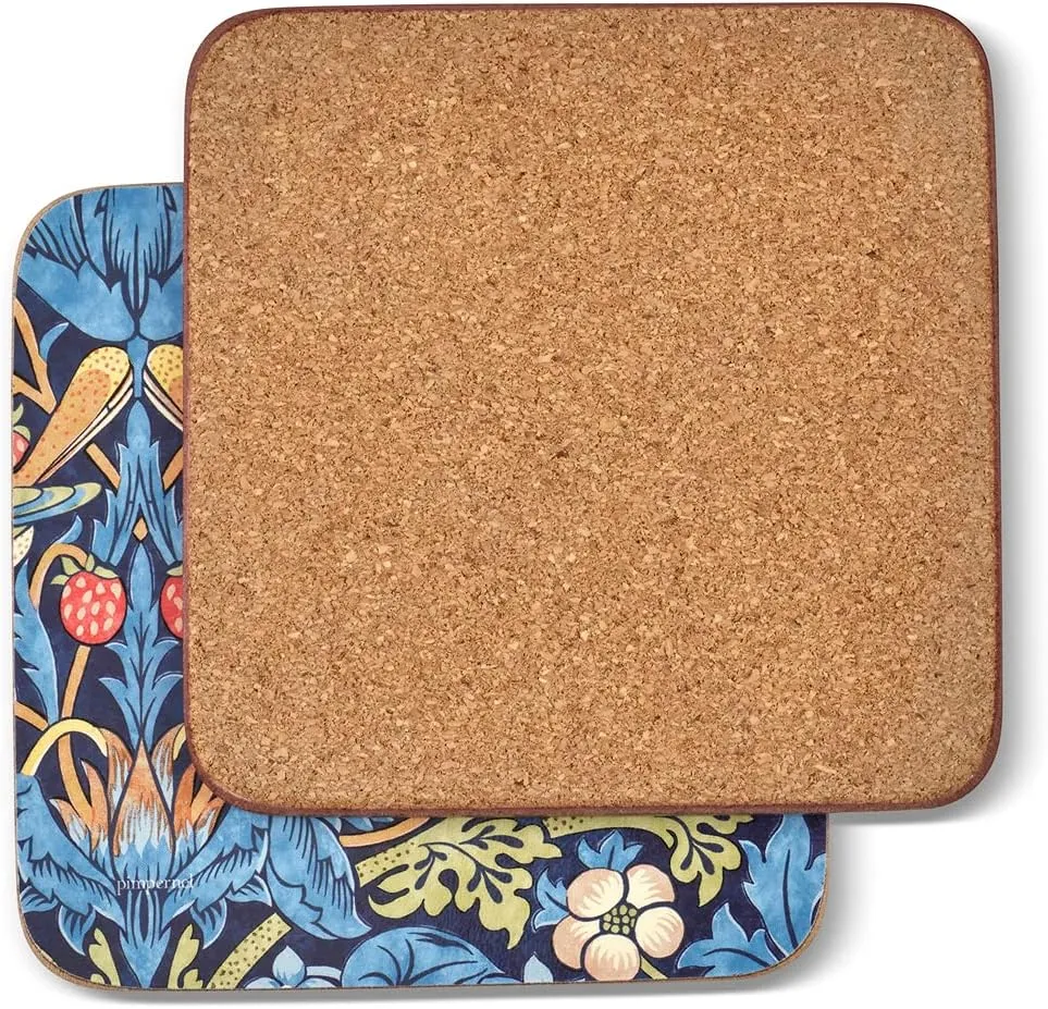 Pimpernel Morris & Co Strawberry Thief Blue Coasters, Set of 6 - Heat & Stain Resistant, Cork Back Drink Mats Featuring Classic Birds & Botanical Design - Minimal Tableware for Hosting