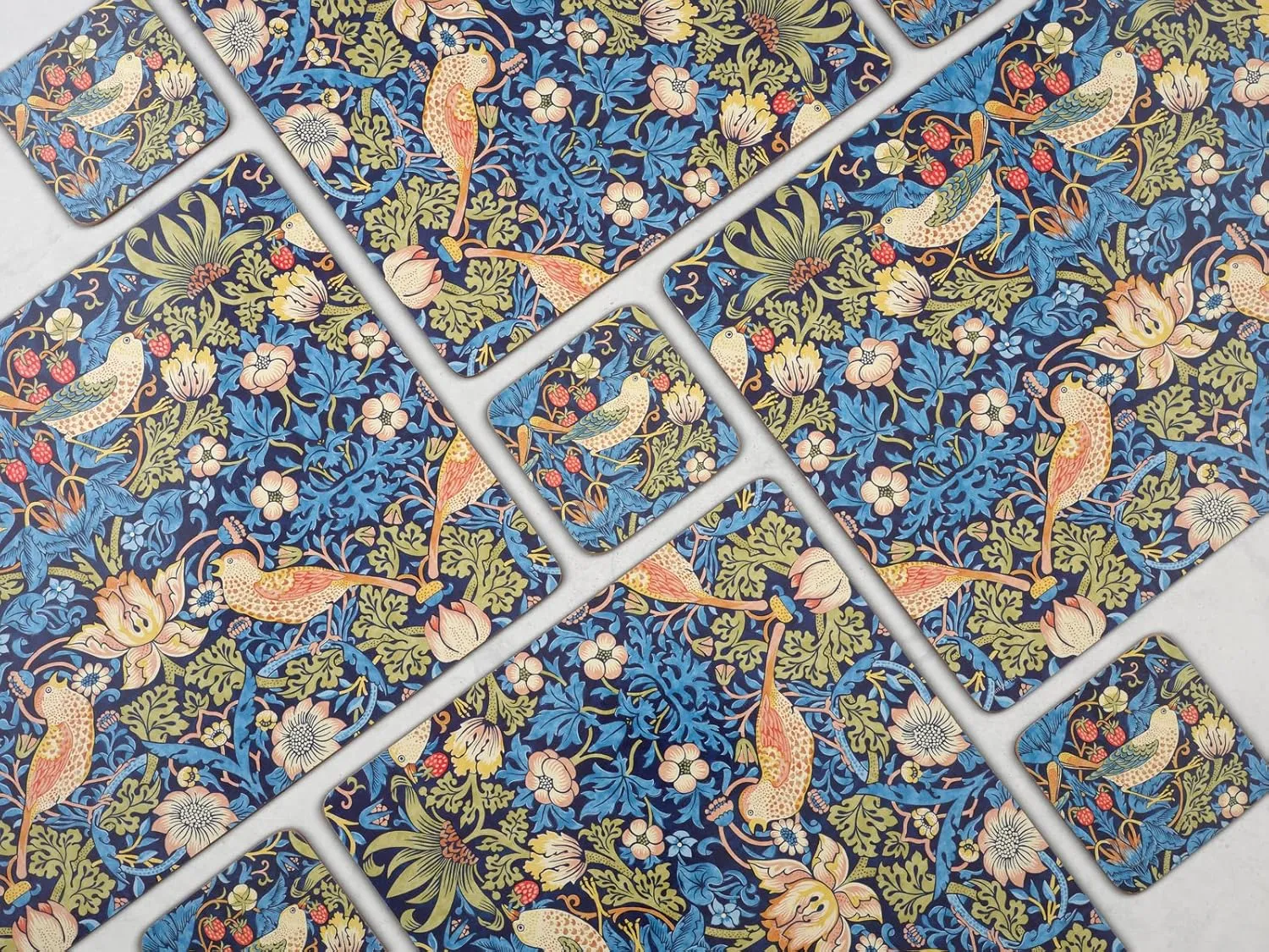 Pimpernel Morris & Co Strawberry Thief Blue Coasters, Set of 6 - Heat & Stain Resistant, Cork Back Drink Mats Featuring Classic Birds & Botanical Design - Minimal Tableware for Hosting