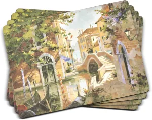 Pimpernel Venetian Scenes Placemats - Set of 4 Rectangular Cork Backed Table Mats with Classic Canal Artwork - Heat & Stain Resistant Dining Placemats for European or Old World Table Settings