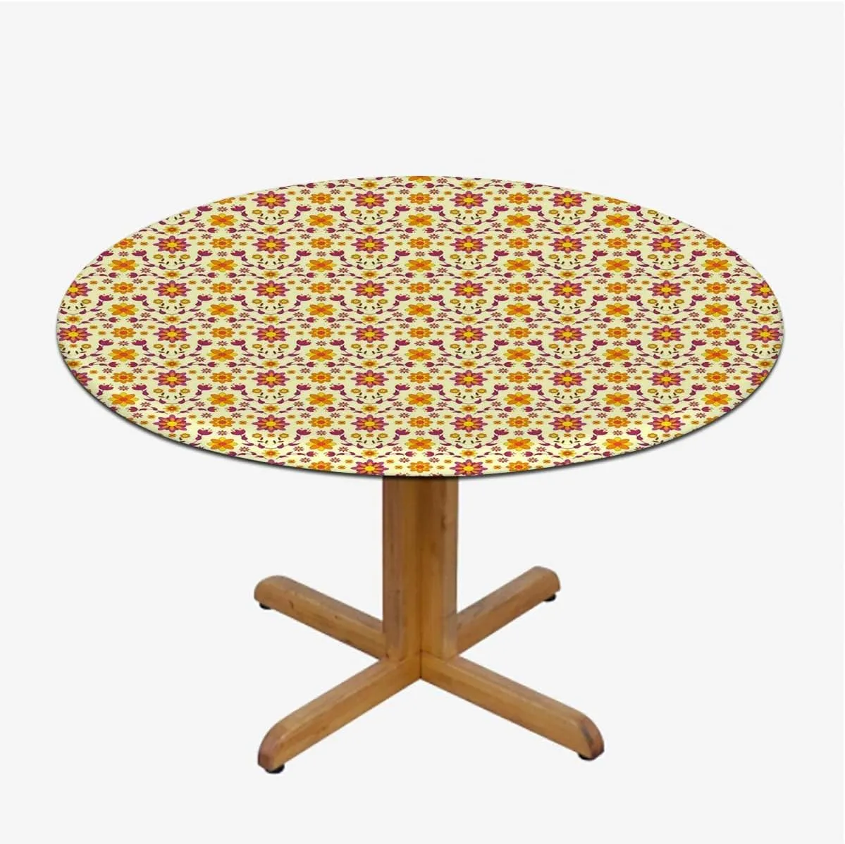 Pink Yellow Lime Round Tables Tablecloth Table Cloth 70s Style Flowers Retro Design Tablecloth Elastic Fitted Edge Table Cloth Round Table Cover Floral Fit for 40"-43" Table