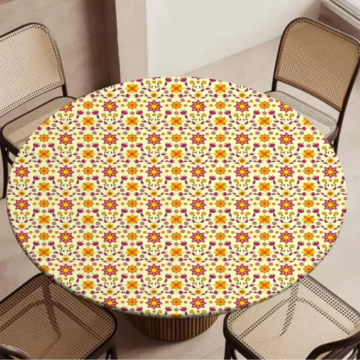 Pink Yellow Lime Round Tables Tablecloth Table Cloth 70s Style Flowers Retro Design Tablecloth Elastic Fitted Edge Table Cloth Round Table Cover Floral Fit for 40"-43" Table