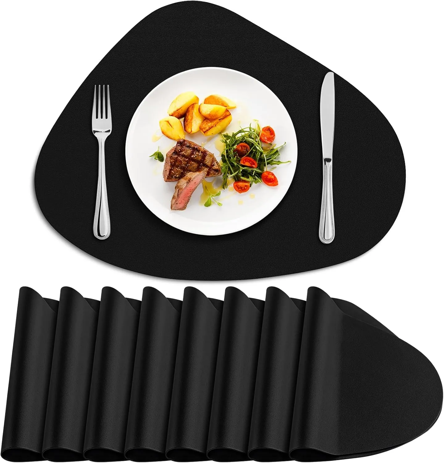 Placemats for Dining Table Set of 8, Heat Resistant Leather Placemats Double Layer, Soft Waterproof Round Table Mats Easy to Clean for Kitchen Dining Room Coffee Office Table, Black