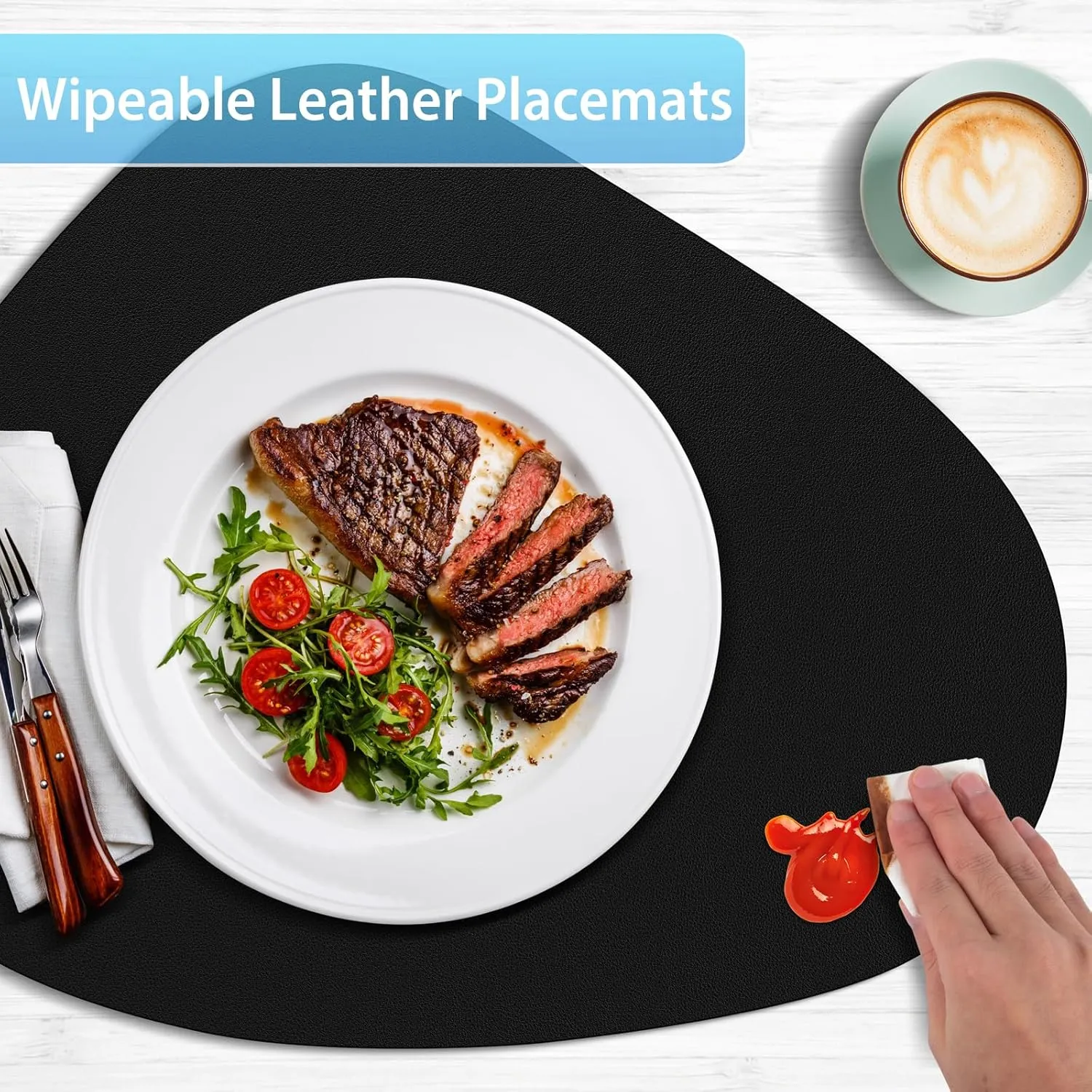 Placemats for Dining Table Set of 8, Heat Resistant Leather Placemats Double Layer, Soft Waterproof Round Table Mats Easy to Clean for Kitchen Dining Room Coffee Office Table, Black