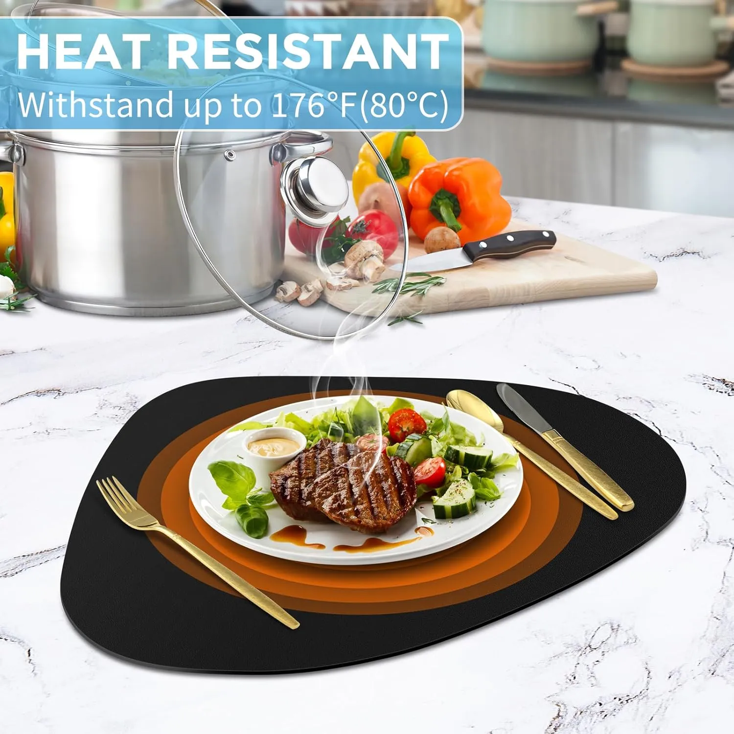 Placemats for Dining Table Set of 8, Heat Resistant Leather Placemats Double Layer, Soft Waterproof Round Table Mats Easy to Clean for Kitchen Dining Room Coffee Office Table, Black