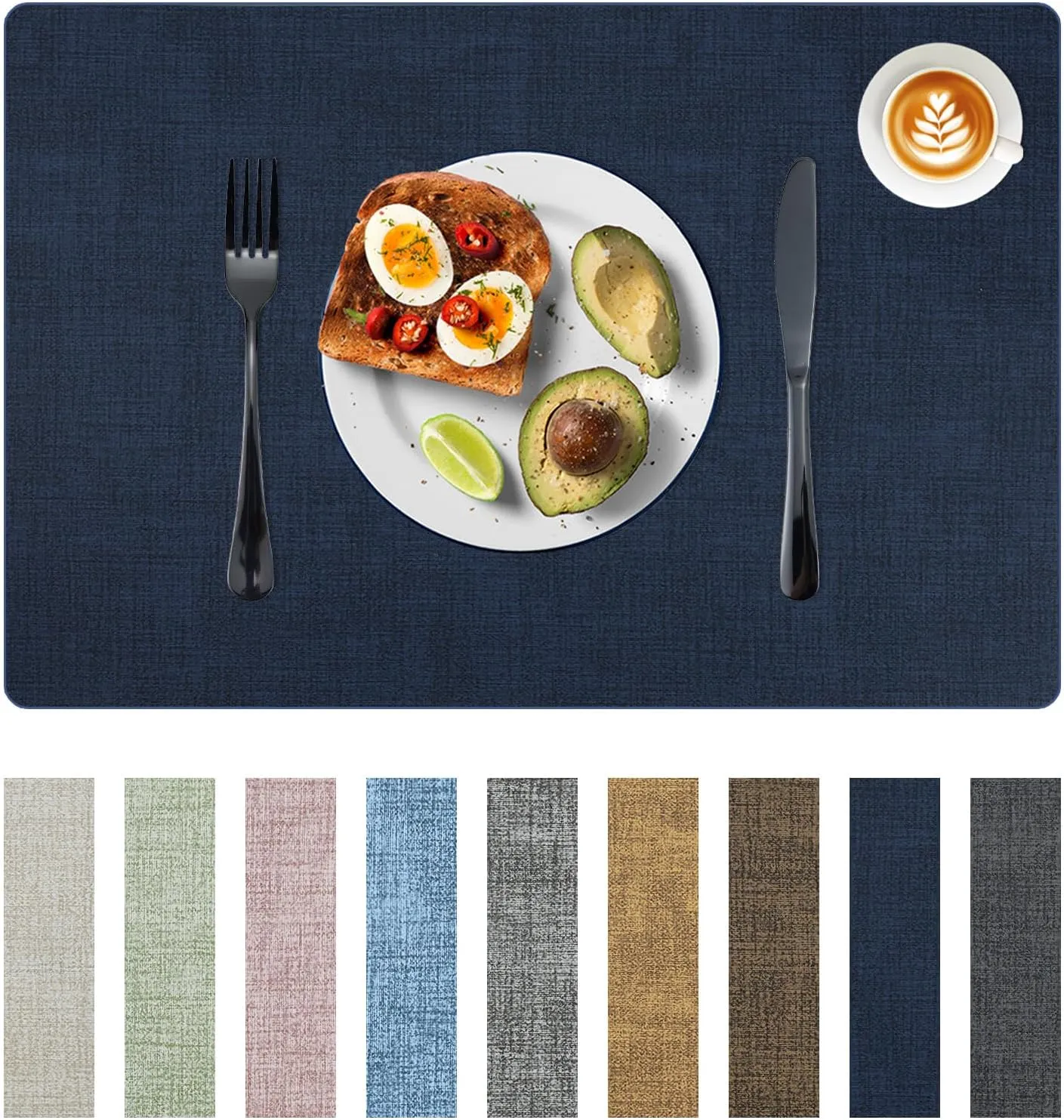 Placemats Set of 6 Faux Leather Heat Resistant Tables Mats Waterproof Oilproof Wipeable Reversible Anti-Slip Place Mats for Kitchen/Dining/Party/Outdoor 11.8" x 16.9", Dark Blue