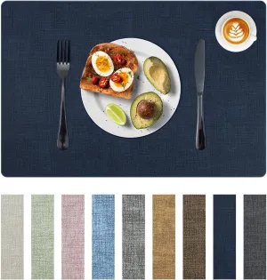 Placemats Set of 6 Faux Leather Heat Resistant Tables Mats Waterproof Oilproof Wipeable Reversible Anti-Slip Place Mats for Kitchen/Dining/Party/Outdoor 11.8" x 16.9", Dark Blue