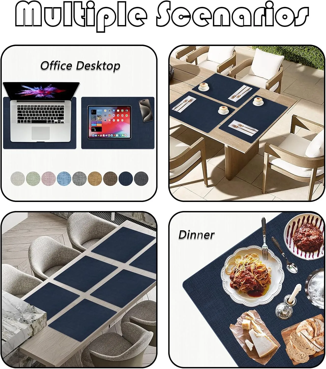 Placemats Set of 6 Faux Leather Heat Resistant Tables Mats Waterproof Oilproof Wipeable Reversible Anti-Slip Place Mats for Kitchen/Dining/Party/Outdoor 11.8" x 16.9", Dark Blue