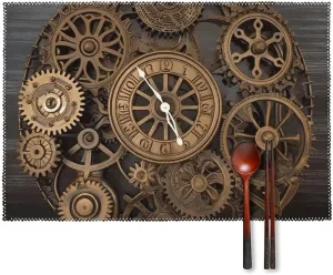 Placemats Set of 6 Steampunk Gears Clock Place Mat for Kitchen Table Indoor/Outdoor Dining Table Mats Non-Slip Place Mat Wipeable Placemats