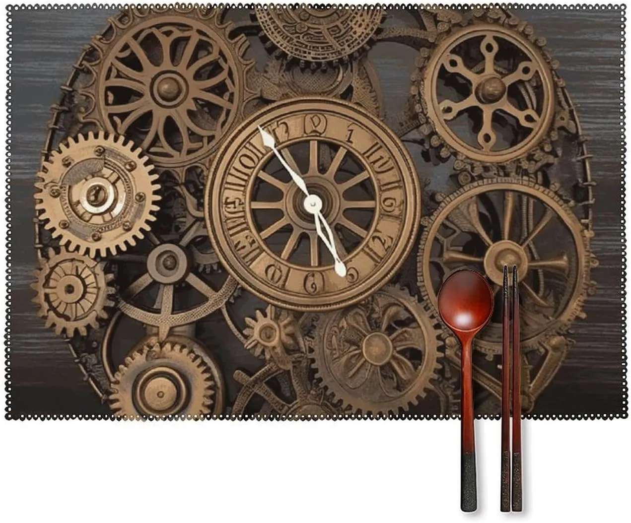 Placemats Set of 6 Steampunk Gears Clock Place Mat for Kitchen Table Indoor/Outdoor Dining Table Mats Non-Slip Place Mat Wipeable Placemats