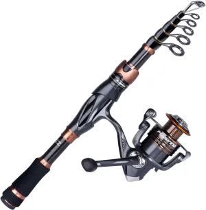PLUSINNO Fishing Rod and Reel Combos, Bronze Warrior Toray 24-Ton Carbon Matrix Telescopic Fishing Rod Pole, 12  1 Shielded Bearings Stainless Steel BB Spinning Reel, Travel Freshwater Fishing Gear