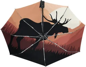 Poeticcity Black Silhouette Moose in Mountains Sun Wild Landscape Automatic Folding UPF 50  Anti-UV Rain Umbrella, Auto Open/Close 3 Folds Sun Parasol Canopy Windproof Compact Travel Umbrella