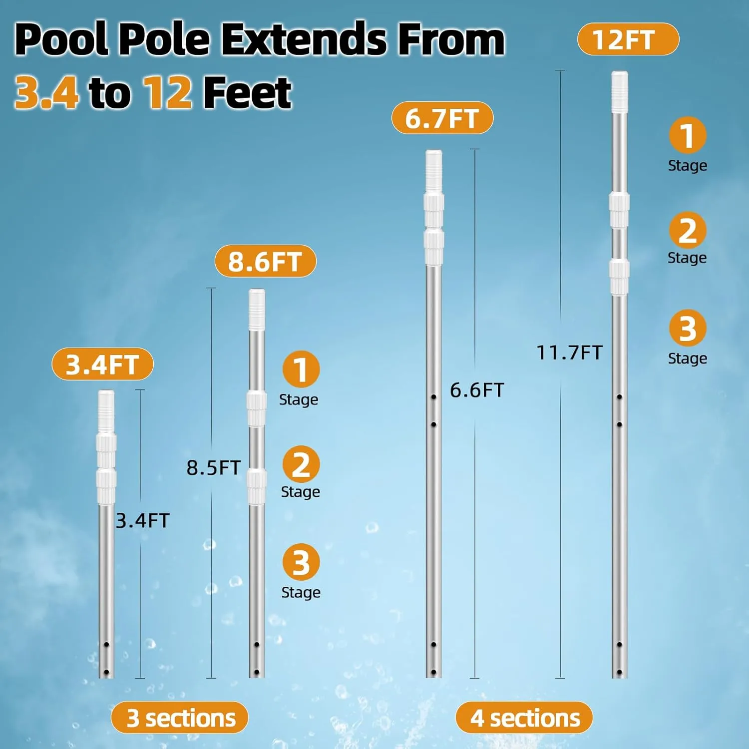 Pool Pole, Professional 12 FT Thicken Pool Pole Telescopic, Pool Cleaning Pole, Adjustable 3 Piece Telescopic Pole, Swimming Pool Cleaning Pole, Strong Lock & Grip
