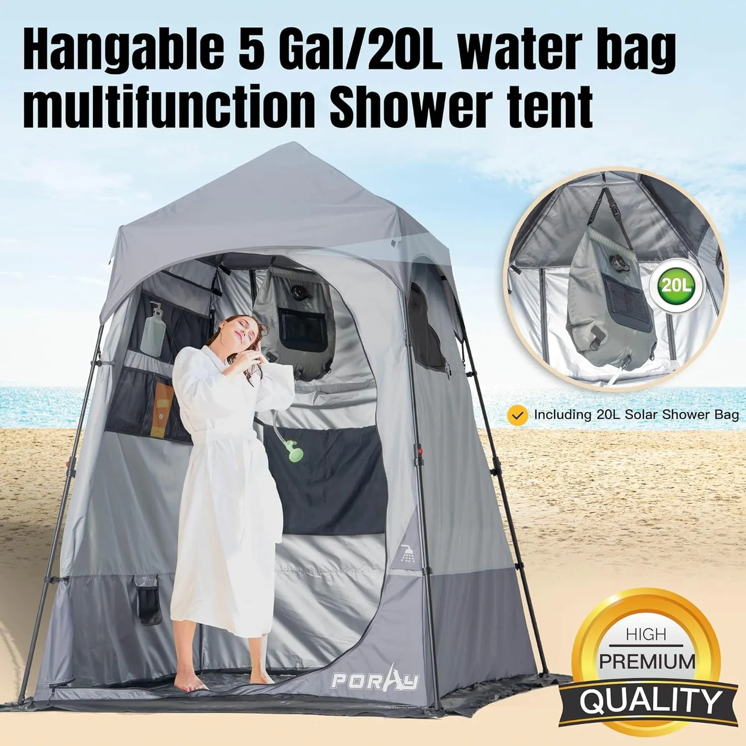 Portable Camping Shower Tent Deluxe Changing Room with Shower Bag Easy Set Up Privacy Shelter,Large Toilet Tent with Floor Drain Design for Beach,Camping,Hiking with Stakes and Ropes for Stability