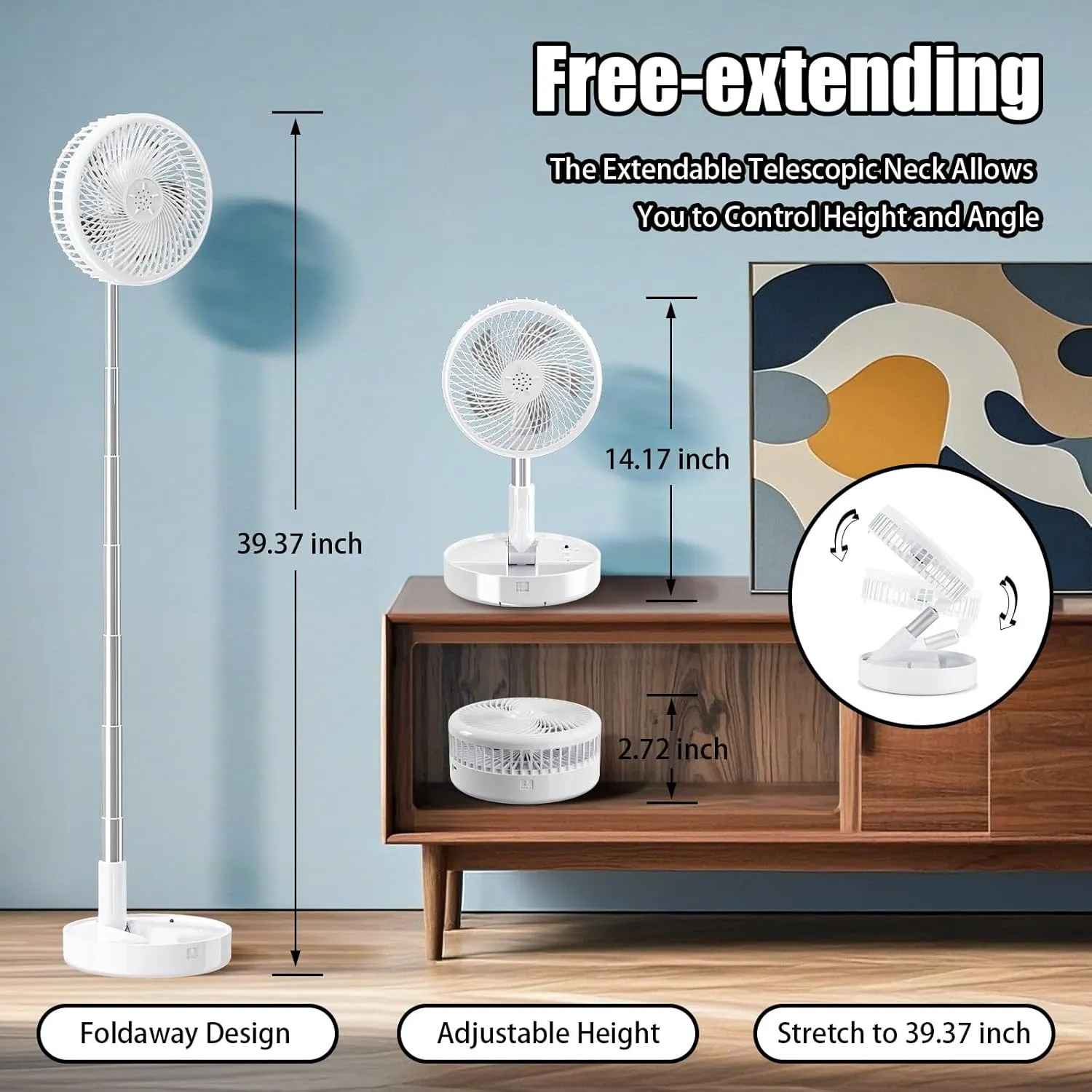 Portable Table Fan, Rechargeable Personal Fan with 48-Hour Battery, 3 Speeds, 120° Oscillation, USB-C Charging, Compact & Lightweight for Home, Office, Travel, and Outdoor Use (White)