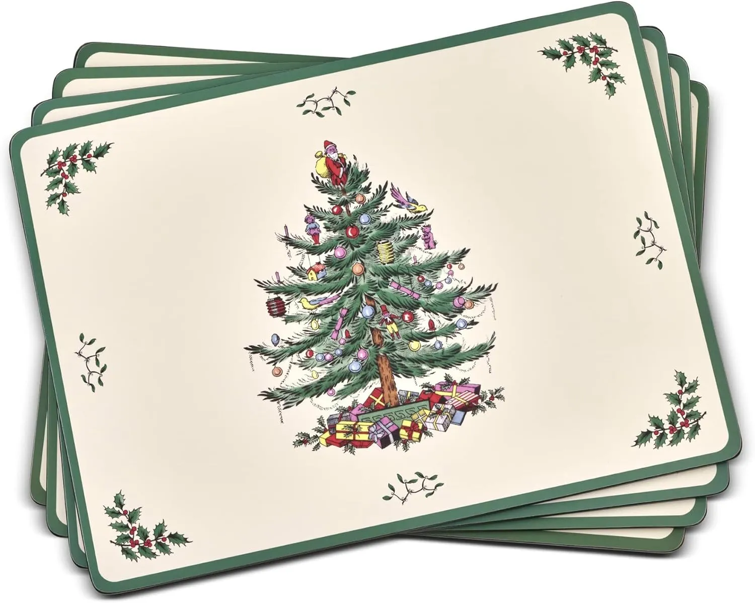 Portmeirion Christmas Tree Placemats, Set of 4 - Cork-Backed Heat Resistant Placemats for Dining Table - Hard Board with Christmas Tree Design, Stain Resistant and Durable (15.7" x 11.7")