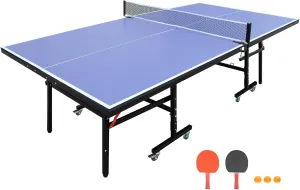 Professional Table Tennis Table, Foldable Ping Pong Game Set for Indoor, 8FT 9FT Single Player Playback Mode Ping Pong Table with Net and Post Set, 2 Paddles and 3 Balls
