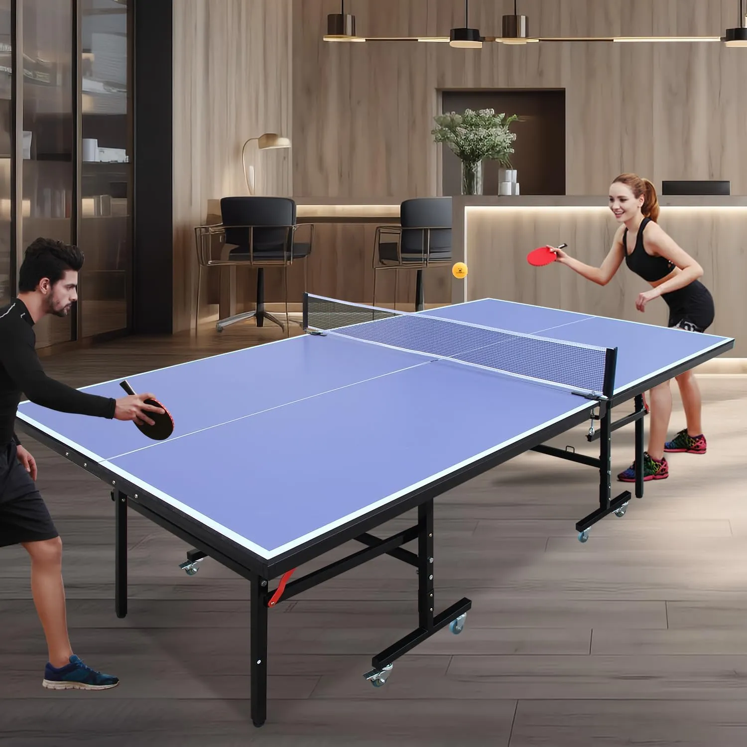 Professional Table Tennis Table, Foldable Ping Pong Game Set for Indoor, 8FT 9FT Single Player Playback Mode Ping Pong Table with Net and Post Set, 2 Paddles and 3 Balls